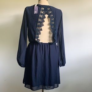 Long sleeve sheer navy blue dress with cutout back